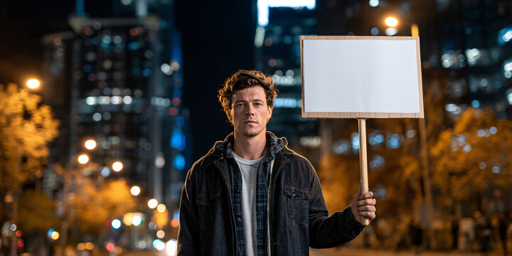 Young Man Holding Blank White Sign on City Street at Night