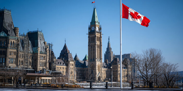 Canadian Parliament Hill Ottawa with Flag Flying High