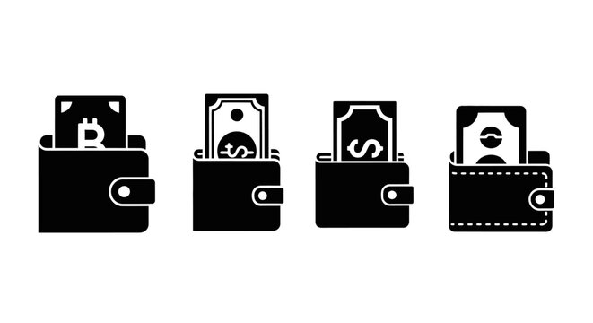 Bitcoin and Dollar Wallets Icons: Cryptocurrency vs Fiat Money Comparison