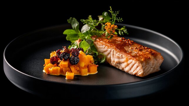 A fine dining plating of carrot raisin salad as a small garnish beside roasted salmon fillet on a matte black plate