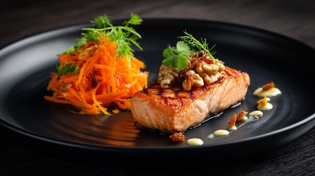 A fine dining plating of carrot raisin salad as a small garnish beside roasted salmon fillet on a matte black plate