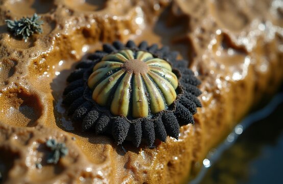 Closeup of West Indian fuzzy chiton on wet sandy shore. Textured marine invertebrate shows ribbed shell structure with dark spiky fringe. Small sea creatures nearby.