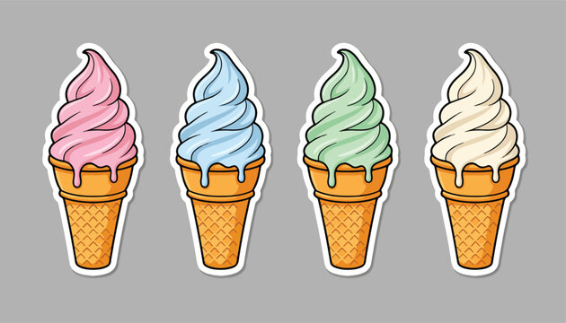 Set of four colorful soft serve ice cream cone stickers featuring pink, blue, green, and vanilla flavors