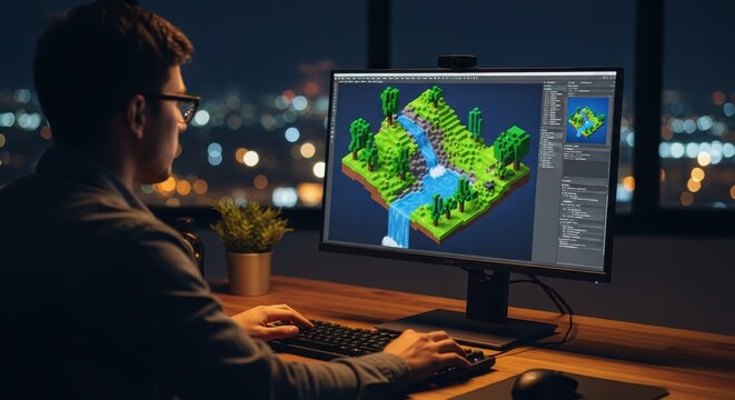 Young Game Developer Creating 3D Voxel Art Landscape on Computer at Night in Home Office
