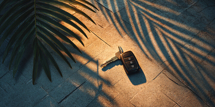 Car Keys on Warm Sunlit Asphalt with Palm Leaf Shadow