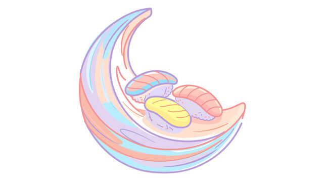 Vibrant fantasy graphic depicting Japanese nigiri sushi resting atop a soft-colored lunar crescent, mystic culinary art with modifyable paths and variable width outlines for design.