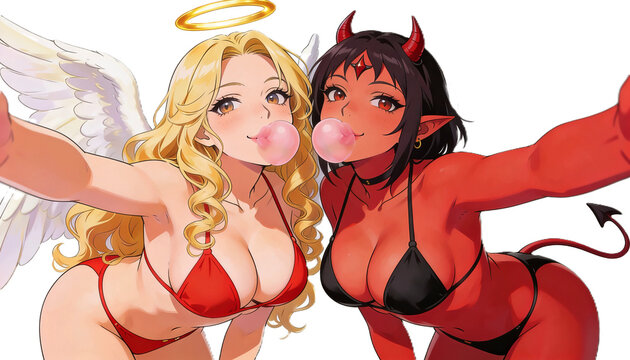 donne in bikini vestono in cosplay come un'angelo femmina e un diavolo donna mentre si danno un bacio, women in bikinis dress up in cosplay as a female angel and a female devil while they kiss