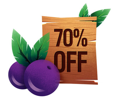 Etiqueta de desconto 70% OFF com a&ccedil;a&iacute; e placa de madeira ilustrada