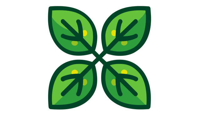 Vibrant green mint or basil leaf vector icon illustration for cocktail garnish and fresh ingredients, featuring four symmetrical leaves with yellow accents on a clean white background.