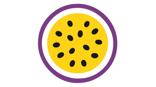 Vibrant vector illustration of a passion fruit cross-section icon, featuring a purple rind, yellow pulp, and black seeds, perfect for cocktail garnish, healthy food, and exotic fruit designs.