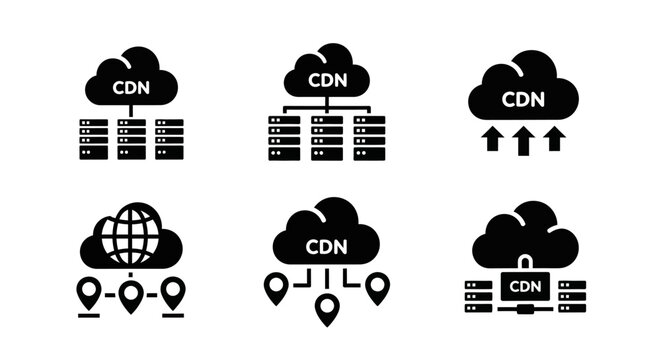 CDN Cloud Icons: Network Servers, Global Distribution, Data Transfer, and Connectivity