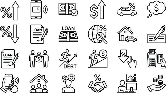 Financial loan and debt management line icon set illustrating interest rates banking and corporate investment concepts