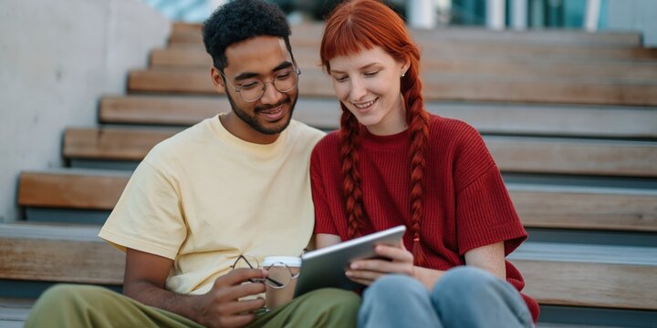 Young couple sharing tablet and coffee on wooden stairs