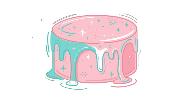 Whimsical rose-colored gateau graphic with cyan melting glaze and magic glints, modifiable vector stroke for fairy-tale birthday themes, boutique bake shop logos, and dessert menu decorative art.
