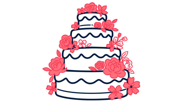 Three-tier wedding cake graphic with pink rose accents. Floral bridal dessert vector icon with flexible line weight, adjustable stroke settings, and delicate thin line design on white.