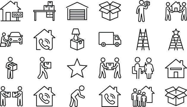 House moving and relocation line icon set featuring packing boxes real estate and logistics symbols
