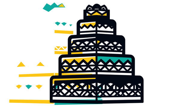Multicolor layered festive gateau icon with prismatic motifs and cyan highlights, featuring a modifiable vector outline for versatile party stationery and commercial bakery branding projects.