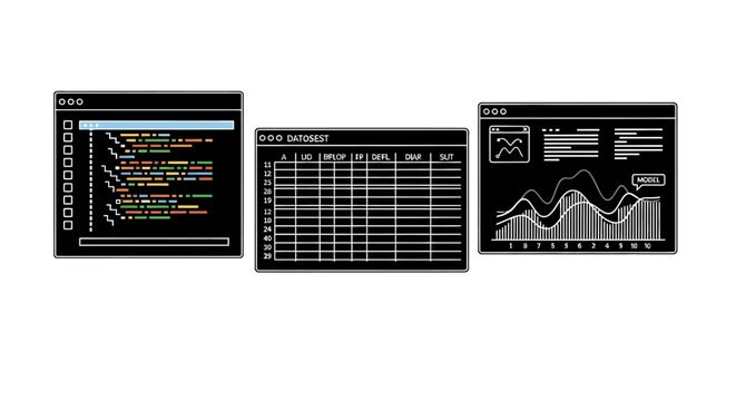 Coding, Spreadsheet, and Data Analysis Screens on White Background