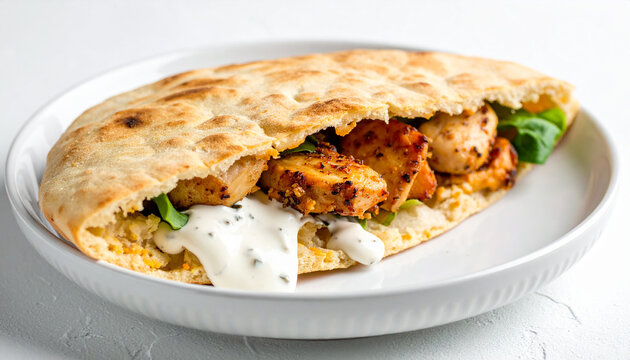 Warm pita pocket with seasoned chicken and creamy sauce, tasty snack, delicious food, juicy textures, white backdrop, ceramic plate, appetizing dish. Close-up.