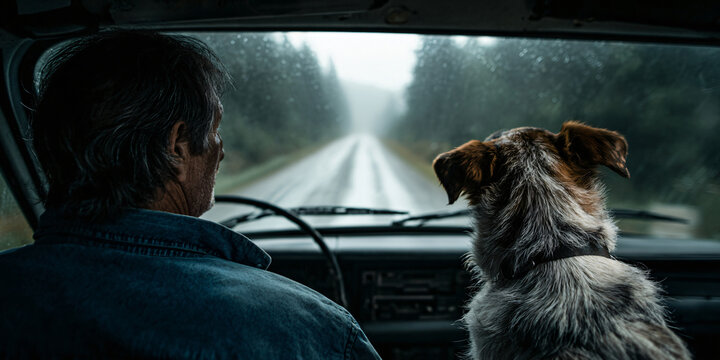 Man and Dog Looking Out Car Window on Rainy Road
