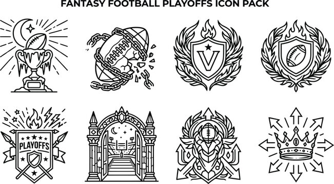Fantasy Football Playoffs Icon Pack, 8 American Football Vector Badges, Black and White Sports Championship Symbols for Gaming and Tournaments