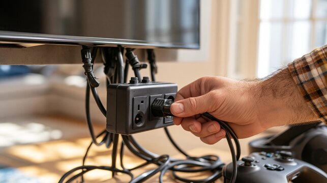 Closeup view of a homeowners arm plugging a compact surge protector into an outlet behind a mounted flatscreen TV with cable ties and gaming gear visible set against a softly
