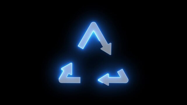 Three green neon arrows forming recycling symbol. Three green neon arrows rotation. Three green neon arrows for environmental sustainability and eco friendly concepts