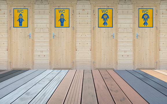 Toiletten mit einfachen Holzt&uuml;ren und WPC Terrassendielen