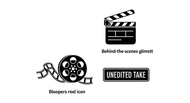 Film Production Icons: Clapperboard, Film Reel, Unedited Take, Behind-the-Scenes