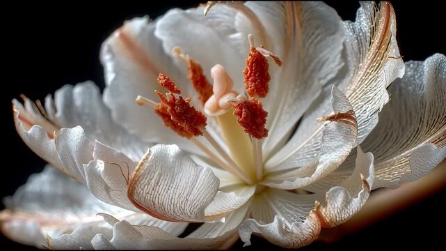 Macro shot of a white blooming flower with translucent petals and orange stamens against a dark background.
