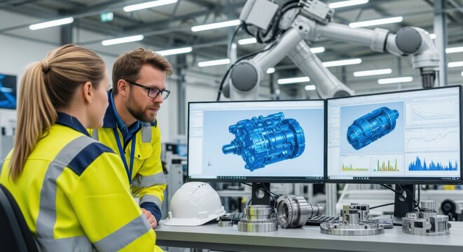 Professional Engineers Analyzing Mechanical Design on Computer Screens in High-Tech Industrial Manufacturing Plant