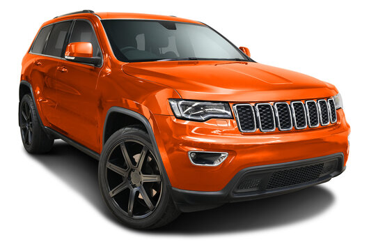 Modern and powerful American crossover in orange, front side view in png format.