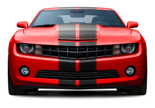 Fast and modern red car front view, in PNG format. With stylish black stripes in the center.