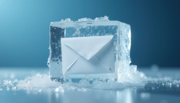 White envelope sealed in ice block. Concept for email delay communication issues or data security problems. Cold storage for digital messages concept.