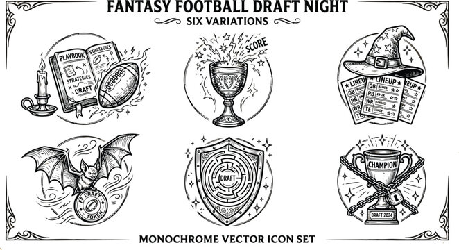 Vintage fantasy football draft night icons, monochrome vector set of six variations, hand drawn sports league trophies and magic wizard elements
