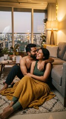 Obraz premium Young Indian Couple Cuddling on Floor Beside Sofa in Cozy Apartment