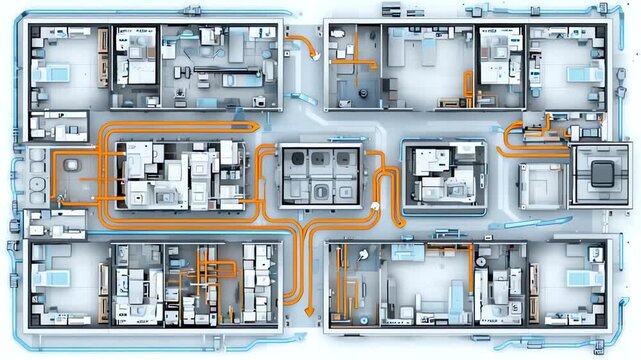 Top-down view of modern residential apartments with blue and orange accents in a large building
