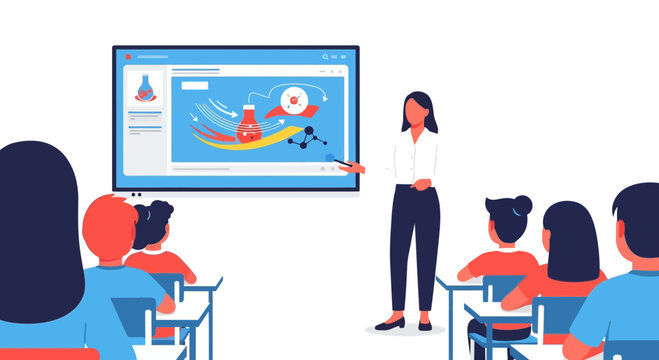 Woman teacher standing in classroom.