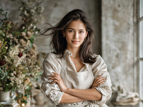 A woman in a linen apron poses against a neutral grey background, her hair gently tousled by wind.