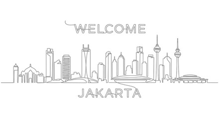 Obraz premium Jakarta Skyline: Continuous Line Art Greeting, Monochrome