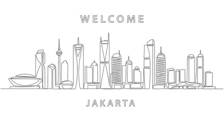 Fototapeta premium Jakarta Skyline Continuous Line Art Illustration, Welcome Sign