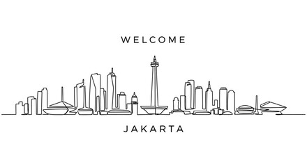Fototapeta premium Jakarta Skyline: Continuous Line Drawing, Welcome Greeting