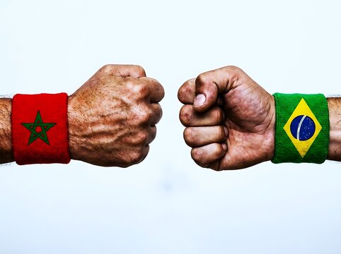 Two fists with moroccan and brazilian flag wristbands facing each other