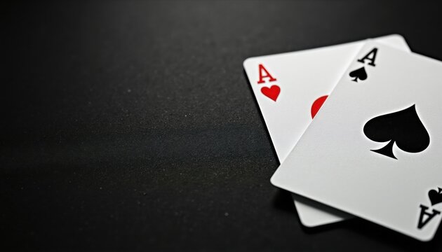 Two ace playing cards face up, spade and heart suits. Simple casino game symbols on dark background. Chance, luck, and gambling concept. Minimalist design.