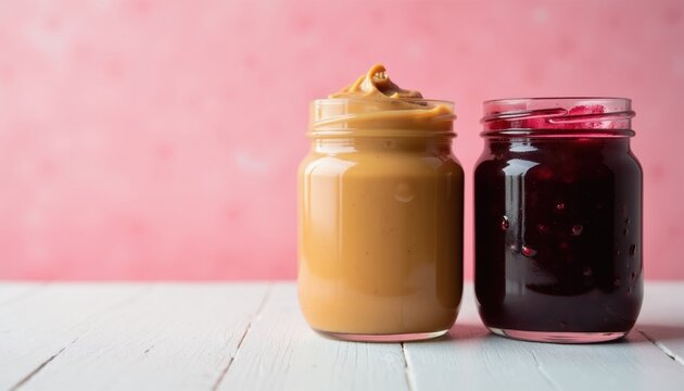 Two glass jars containing peanut butter and dark jelly rest on white wood surface against pink background. Simple food composition ready for use in marketing.
