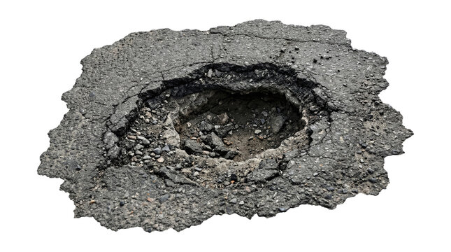 Large deteriorated asphalt pothole with crumbled edges, exposed gravel and debris isolated on transparent background