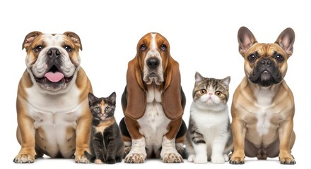Obraz premium Group of Diverse Dogs and Cats Sitting Together in a Row Isolated on White Background