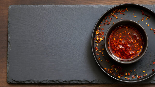 Spicy chili oil sauce in bowl with red pepper flakes on slate plate.