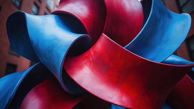 Abstract sculpture of swirling red and blue forms