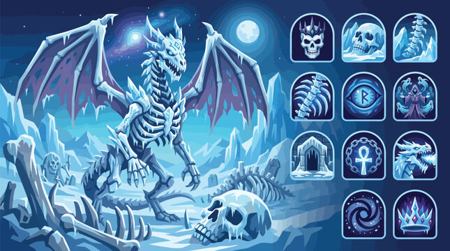 Vector illustration of a skeletal ice dragon standing in a frozen graveyard at night under a full moon with a collection of fantasy RPG game interface icons and mystical symbols.